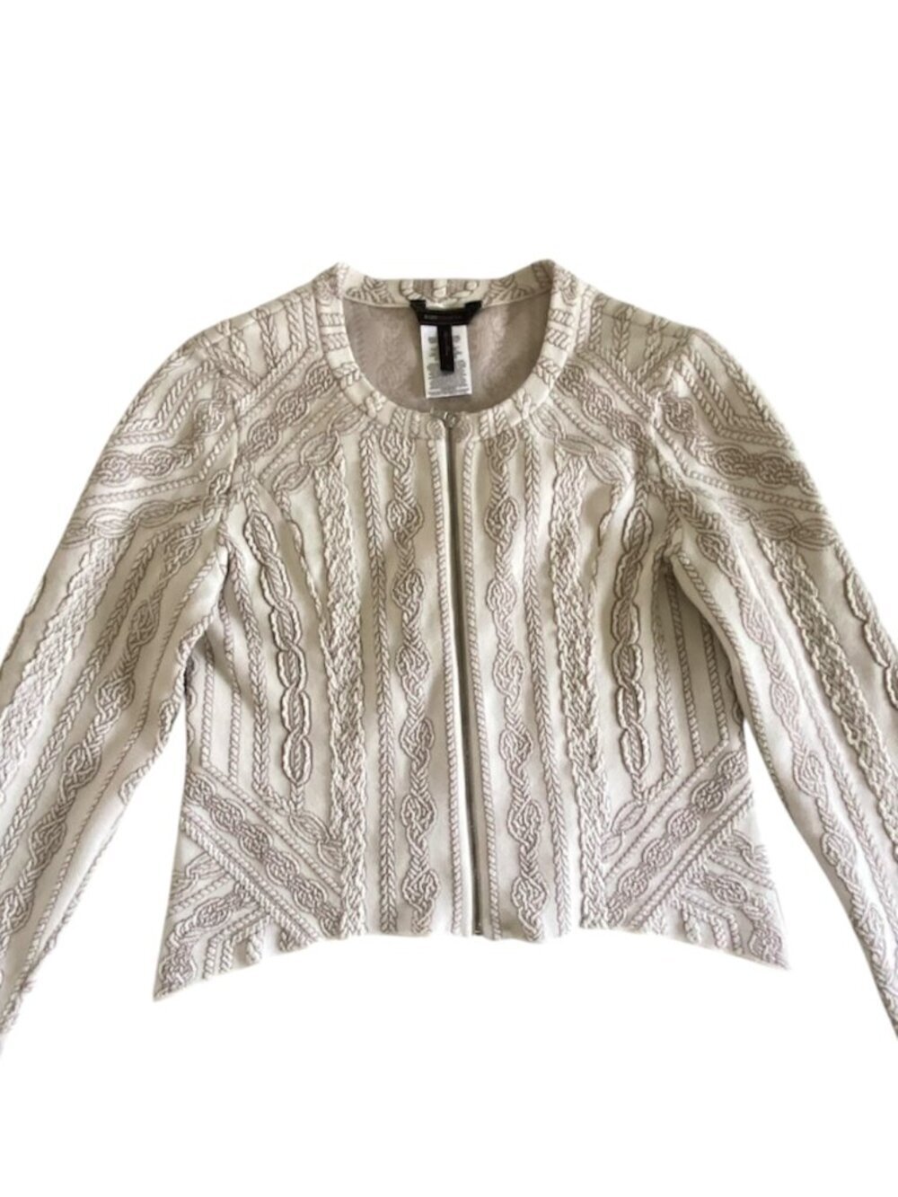 BCBGMaxAzria Gardenia Cream Beige Braided Textured Zip Cardigan Sz Tall L